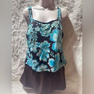 Maxine of Hollywood Bathing Suit Sz 14 Swim Dress Padded Blue Floral One Piece